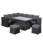 Black Rattan Corner Sofa Set with Rising Table