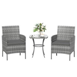 3-Piece Rattan Bistro Set with Cushions