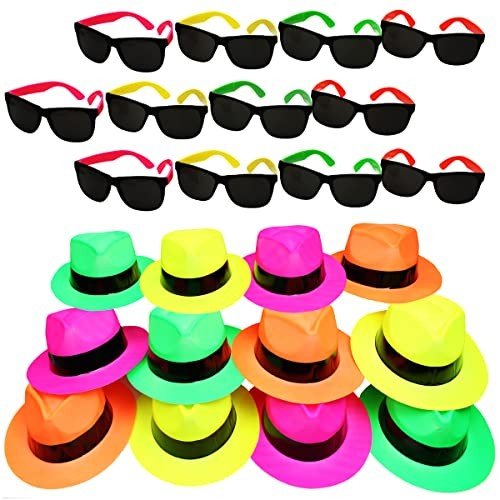 Neon Fedora Hats & Sunglasses Party Pack