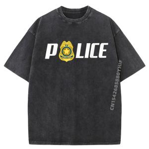 unisex adult Police Blue Small Casual Tops Tees Gift Idea Soft Breathable T-Shirt Letter Printed Washed T-Shirt