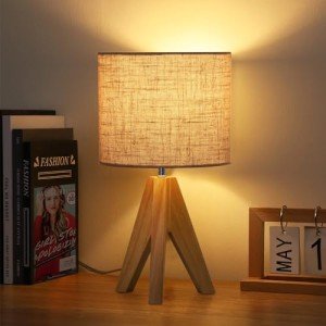 Wooden Tripod Table Lamp with Beige Shade