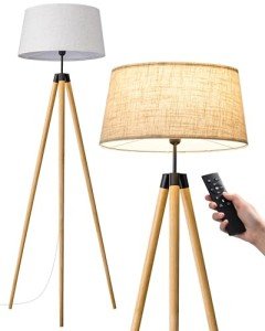 Dimmable Wooden Tripod Floor Lamp with Remote