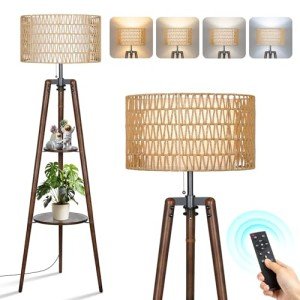 Dimmable Tripod Floor Lamp with Rattan Shades