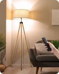 Dimmable Wooden Tripod Floor Lamp with Remote