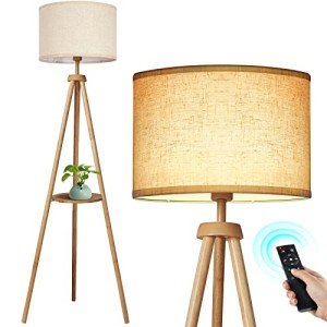 OUTON Wooden Tripod Floor Lamp with Remote & Shelf