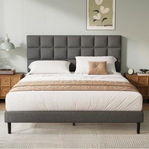 Yocreat Gray Double Bed Frame with Upholstered Headboard