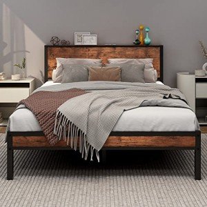 Double Bed Frame with Storage Headboard – Metal & Wood