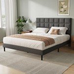 Yocreat Gray Double Bed Frame with Upholstered Headboard