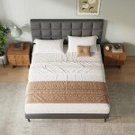 Yocreat Gray Double Bed Frame with Upholstered Headboard
