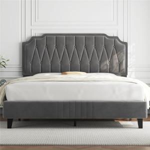 Dark Grey King Upholstered Bed Frame with Headboard