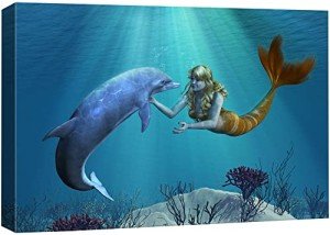 wall26 Canvas Print Wall Art 3D Dolphin and Mermaid Under The Sea Fantasy & Sci-Fi Ocean Digital Art Modern Art Nautical Scenic Colorful Ultra for Living Room, Bedroom, Office - 32"x48"
