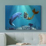 wall26 Canvas Print Wall Art 3D Dolphin and Mermaid Under The Sea Fantasy & Sci-Fi Ocean Digital Art Modern Art Nautical Scenic Colorful Ultra for Living Room, Bedroom, Office - 32"x48"