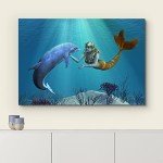 wall26 Canvas Print Wall Art 3D Dolphin and Mermaid Under The Sea Fantasy & Sci-Fi Ocean Digital Art Modern Art Nautical Scenic Colorful Ultra for Living Room, Bedroom, Office - 32"x48"