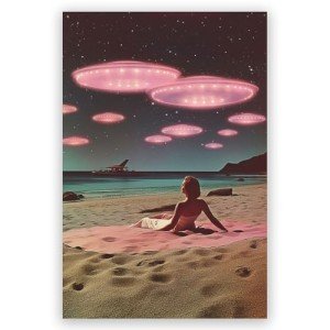 LuminDaze Alien Beach At Night Poster Retro Universe Space Wall Art Vintage Futuristic Home Wall Decor Universe Sci-Fi Canvas Painting Space Adventure Print 12x18inch Unframed, style-2