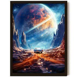 EXCOOL CLUB Vintage Car Space Poster for Boys Room Decor - 12x16 Space Car Wall Art, Retro Space Wall Decor, Futuristic Car Posters Surreal Art Prints, Sci-fi Cars Pictures for Bedroom (UNFRAMED)