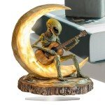 Alien Figurine, Collectible Alien Figure, Unique Desk Sculpture, Acrylic Decor Statues, Boho Alien Figurine and Acrylic Moon Guitarist Sculpture for Unique Desk and Coffee Table Decoration