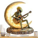 Alien Figurine, Collectible Alien Figure, Unique Desk Sculpture, Acrylic Decor Statues, Boho Alien Figurine and Acrylic Moon Guitarist Sculpture for Unique Desk and Coffee Table Decoration