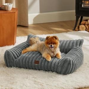 Fluffy Small Dog Sofa - Removable Cover, Warm Grey
