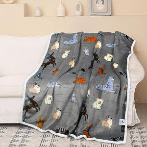 Dog Print Sherpa Fleece Throw Blanket, Grey
