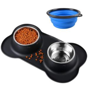 Double Dog Food Bowls with No-Spill Mat