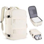 coofay Beige Travel Backpack For Women Men Airline Approved Personal Item Carry On Flight Approved Waterproof Backpack For Traveling On Airplane Weekender Travel Bag