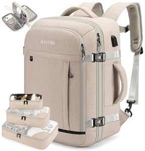 BAGODI Carry On Backpack for Men Women,42L Flight Approved Travel Backpack with 4 Packing cubes,Expandable Water-resistant 17Inch Laptop Backpack,Casual Daypack Businless Weekend Hiking