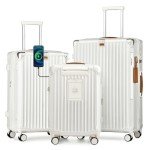 Joyway 3 Piece Set Hardside Expandable Luggage with USB Charging Port and Cup Holder, TSA Lock Spinner Wheels Suitcase for International Travel, Lightweight Carry On Checked Baggage, White