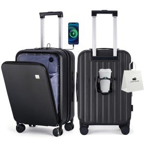 BISON DENIM 20 Inch Carry On Luggage, PC Lightweight Hardside Expandable Carry-On Luggage Airline Approved With Spinner Wheels, Front Compartment, Cup Holde, TSA-approved Lock, USB Port, Black