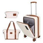 WireHot 20 inch Small Carry On Luggage Front Open with Laptop Pocket, ABS+PC Hard Shell Suitcase with Spinner Wheels TSA Lock & YKK Zipper, 20in/Toiletry Bag/Handbag, Apricot Off White
