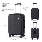 BISON DENIM 20 Inch Carry On Luggage, PC Lightweight Hardside Expandable Carry-On Luggage Airline Approved With Spinner Wheels, Front Compartment, Cup Holde, TSA-approved Lock, USB Port, Black