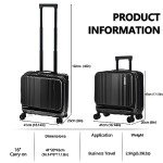 TydeCkare 16" Carry on Luggage with 2 Laptop Compartments, Lightweight Hardshell ABS+PC Suitcase with Dual Control TSA Lock, with YKK Zipper, 4 Spinner Silent Wheels, for Business Travel, Black