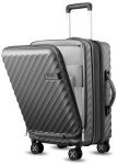 LUGGEX Carry On Luggage with Compartment and Cup Holder, Expandable PC Hard Shell Suitcase with Front Pocket (Gunmetal, Carry-On 20-Inch)
