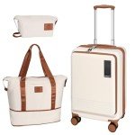 WireHot 20 inch Small Carry On Luggage Front Open with Laptop Pocket, ABS+PC Hard Shell Suitcase with Spinner Wheels TSA Lock & YKK Zipper, 20in/Toiletry Bag/Handbag, Apricot Off White