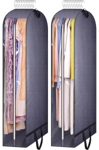 KIMBORA 10" Gusseted Clear Wedding Dress Bags for Gowns, 60" Garment Bags for Hanging Clothes Storage with Handles, Suit Bags for Closet Storage, Dress Cover for Long Dresses, Coats (2 Packs, Grey)
