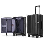 ROAMING 24 Inch Checked Luggage Front Opening Rolling Suitcase PC hard sided luggage with Spinner Wheels Cup Holder Tsa Lock Specially Designed Ergonomic Pull Rod Handle for Travel Woman Men (black)