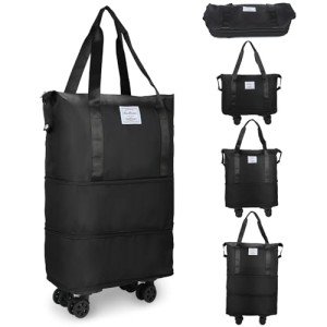 VOOWO Rolling Duffle Bag with Wheels, Expandable Foldable Duffle Bag for Travel, Rolling Under Seat Luggage Carry on Duffel Bags, Wheeled Travel Duffel Large Overnight Weekend Bags (Black)