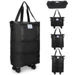 VOOWO Rolling Duffle Bag with Wheels, Expandable Foldable Duffle Bag for Travel, Rolling Under Seat Luggage Carry on Duffel Bags, Wheeled Travel Duffel Large Overnight Weekend Bags (Black)