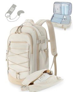 BAGSMART Carry On Travel Backpack, 17 Inch Large Travel backpack Carry On Flight Approved, Anti-theft Personal Item Backpack Travel Bag With Shoe Bag, 30L Water Resistant Casual Daypack, Beige