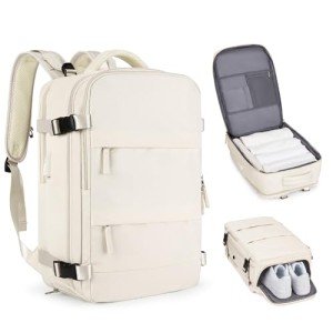 coofay Beige Travel Backpack For Women Men Airline Approved Personal Item Carry On Flight Approved Waterproof Backpack For Traveling On Airplane Weekender Travel Bag