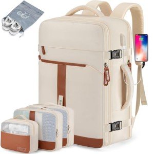 42L Travel Laptop Backpack, Expandable Carry-on Luggage, Anti-Theft Business Weekender Bag with USB Port, 3 Packing Cubes & Shoe Bag (Beige)