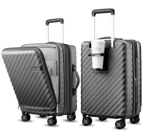 LUGGEX Carry On Luggage with Compartment and Cup Holder, Expandable PC Hard Shell Suitcase with Front Pocket (Gunmetal, Carry-On 20-Inch)