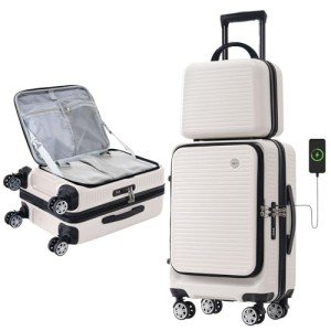 Merax 20 Inch Carry On Luggage with Wheels Top Opening Hard Shell Suitcase TSA Luggage Suitcases for Travel Woman Men(White)