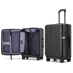 ROAMING 24 Inch Checked Luggage Front Opening Rolling Suitcase PC hard sided luggage with Spinner Wheels Cup Holder Tsa Lock Specially Designed Ergonomic Pull Rod Handle for Travel Woman Men (black)