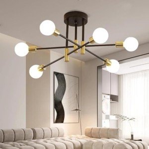 Modern Black Gold Sputnik Chandelier with 6 Lights