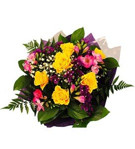 Scented Cheer Bouquet: Yellow Roses & Cerise Blooms