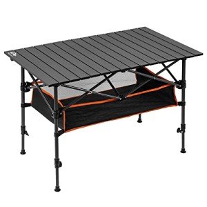 Foldable Camping Table with Storage Basket, Adjustable Height