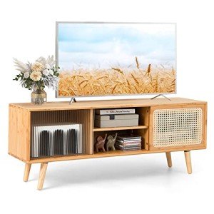 Bamboo TV Stand with Sliding Doors and Shelf