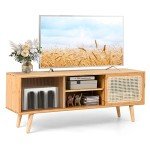 Bamboo TV Stand with Sliding Doors and Shelf