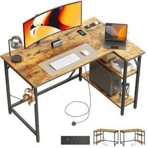 Compact L Shaped Desk with Power Outlets & Storage