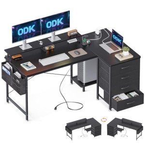 L-Shaped Corner Desk with USB Port and Drawers